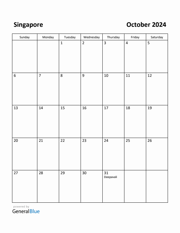 October 2024 Calendar with Singapore Holidays