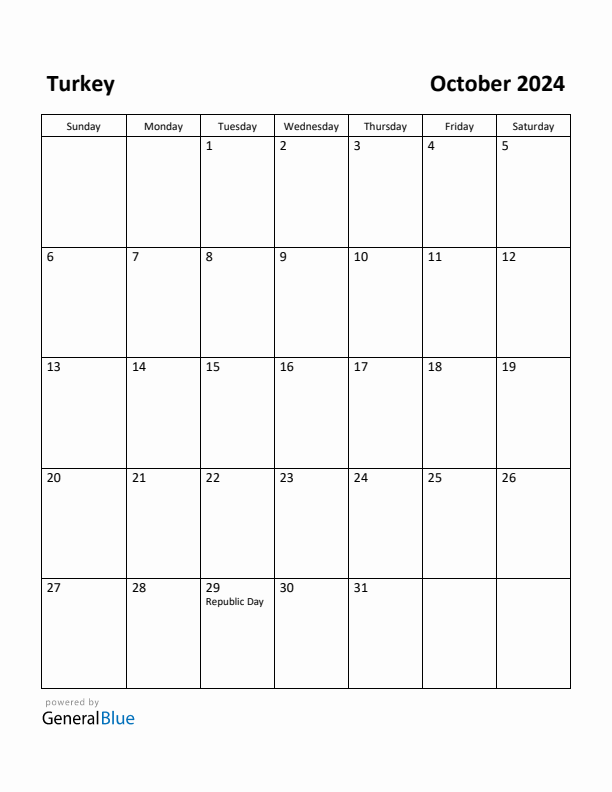 October 2024 Calendar with Turkey Holidays