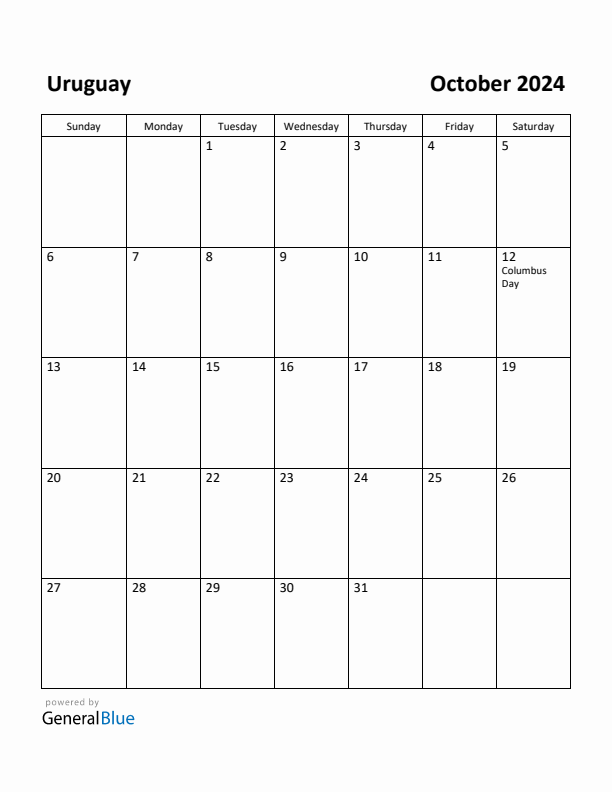 October 2024 Calendar with Uruguay Holidays