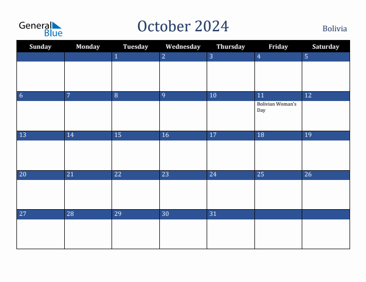 October 2024 Bolivia Calendar (Sunday Start)