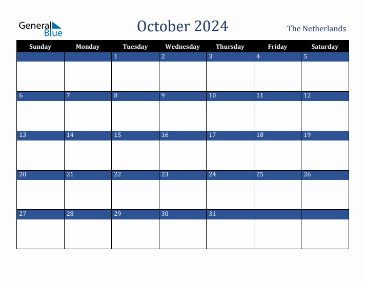 October 2024 The Netherlands Calendar (Sunday Start)