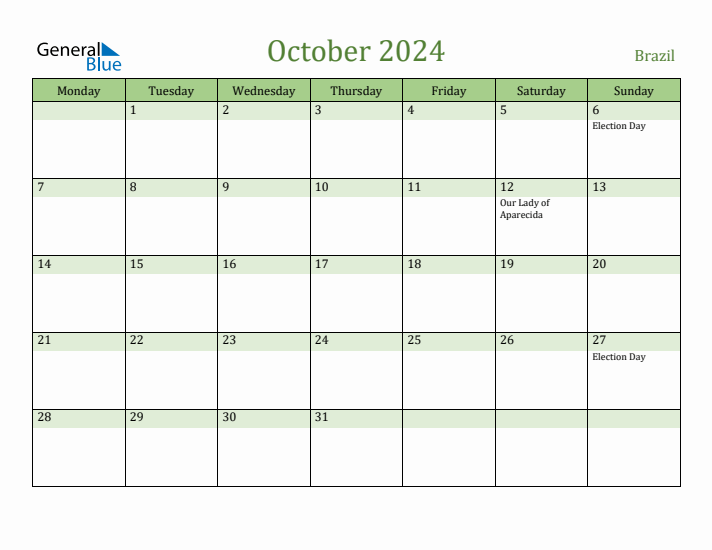 October 2024 Calendar with Brazil Holidays