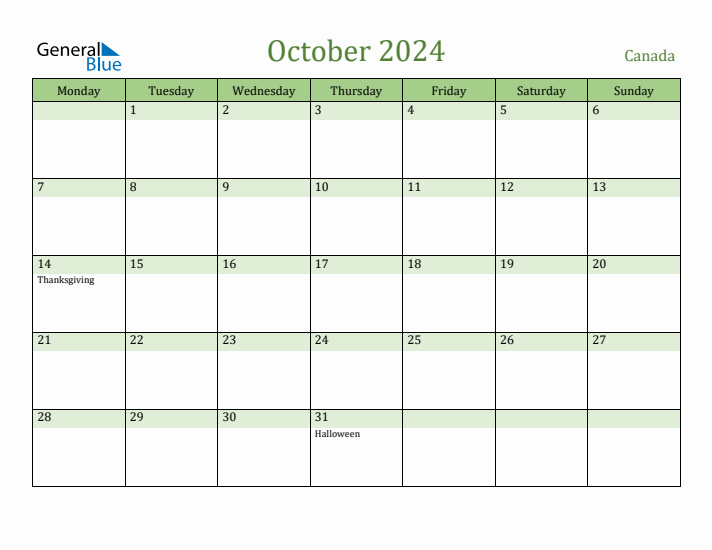 October 2024 Calendar with Canada Holidays