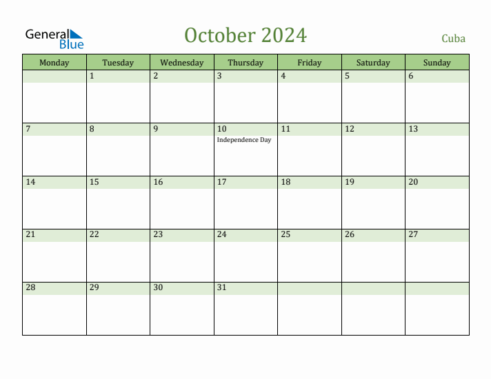 October 2024 Calendar with Cuba Holidays