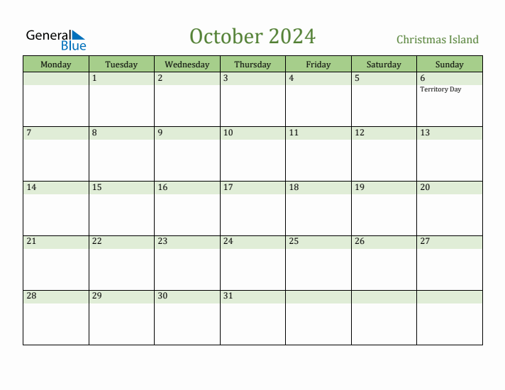 October 2024 Calendar with Christmas Island Holidays