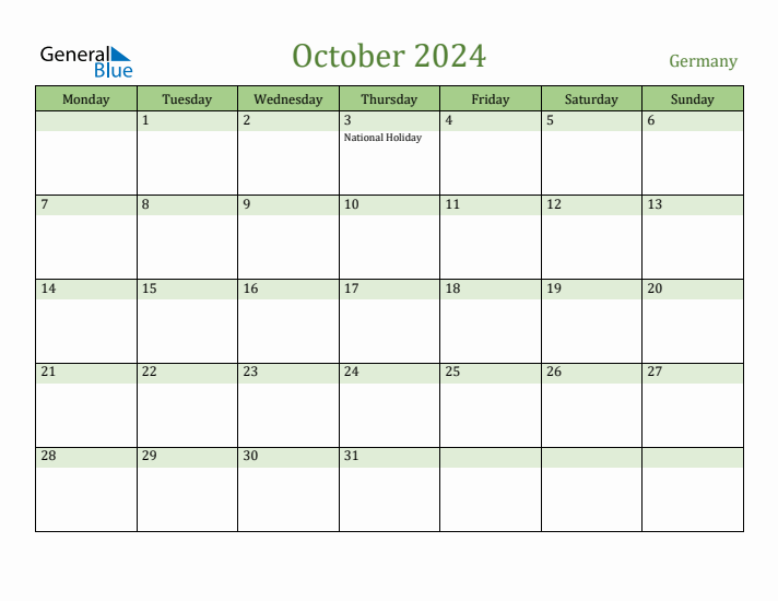 October 2024 Calendar with Germany Holidays