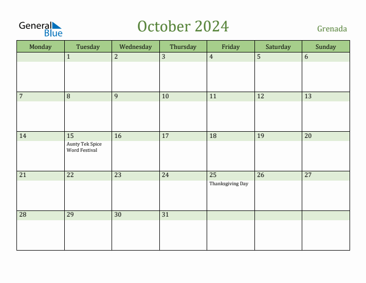 October 2024 Calendar with Grenada Holidays