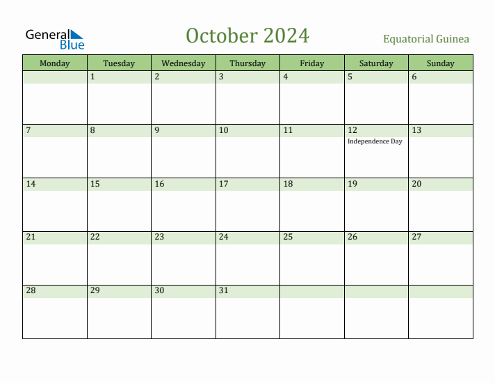 October 2024 Calendar with Equatorial Guinea Holidays