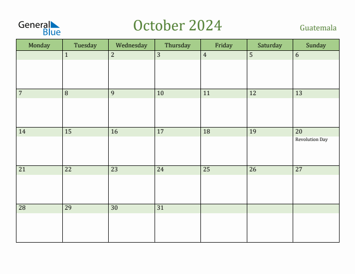 October 2024 Calendar with Guatemala Holidays