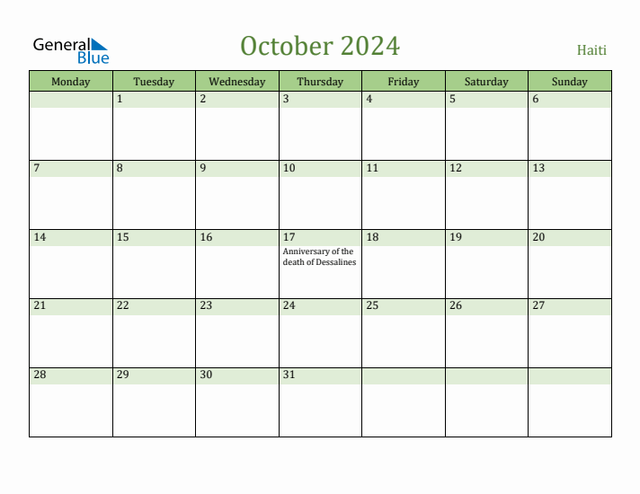 October 2024 Calendar with Haiti Holidays