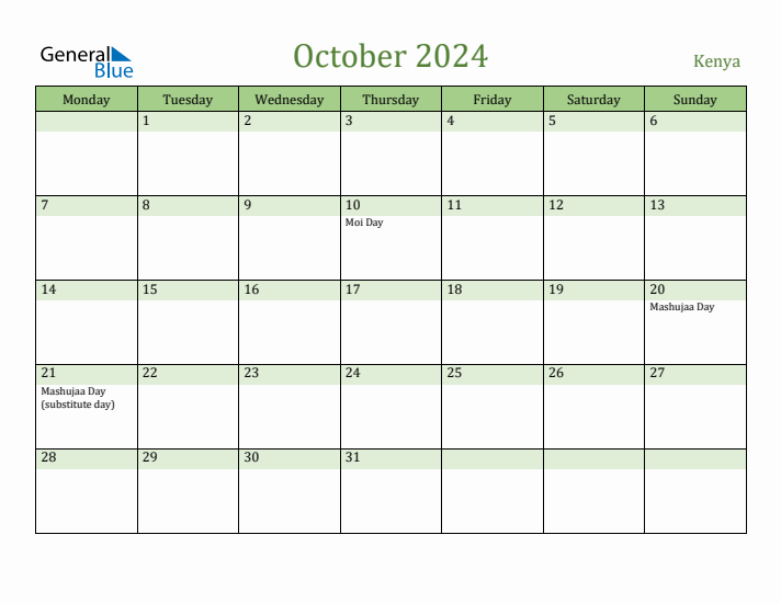 October 2024 Calendar with Kenya Holidays