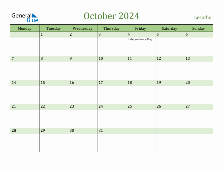 October 2024 Calendar with Lesotho Holidays