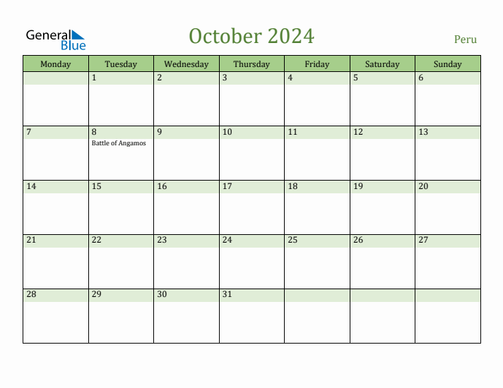 October 2024 Calendar with Peru Holidays