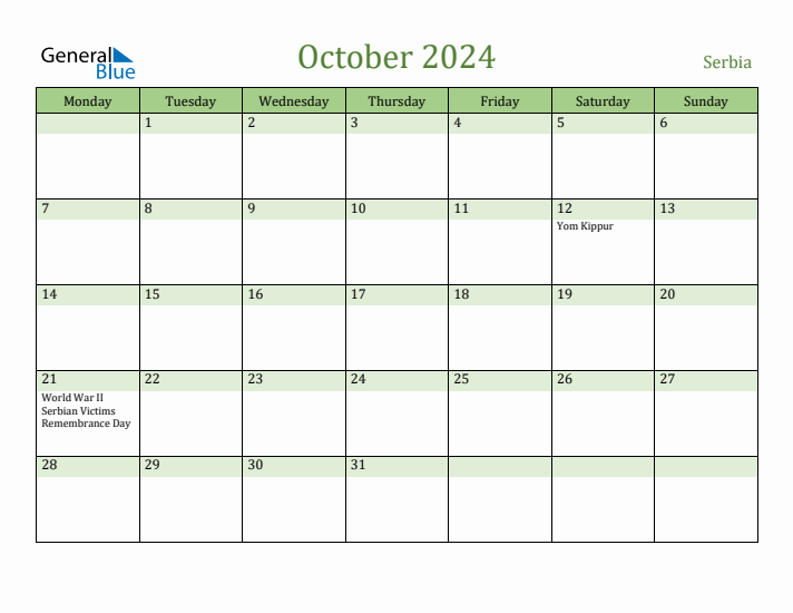 October 2024 Calendar with Serbia Holidays