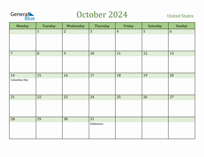 October 2024 Calendar with United States Holidays