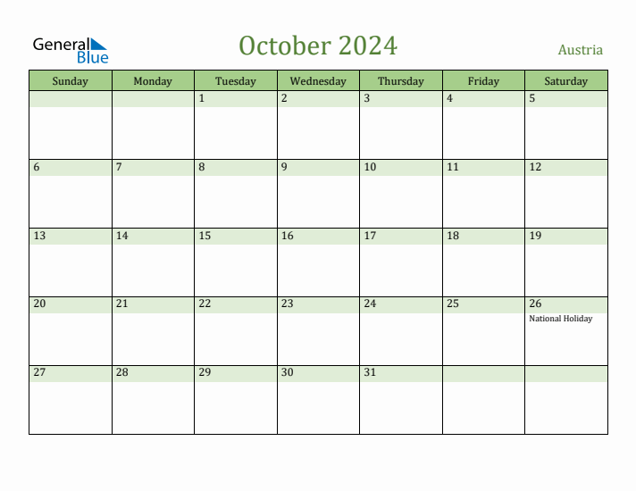 October 2024 Calendar with Austria Holidays