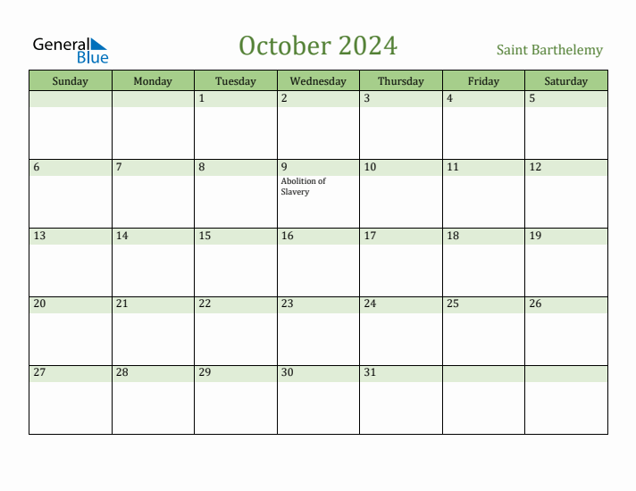 October 2024 Calendar with Saint Barthelemy Holidays