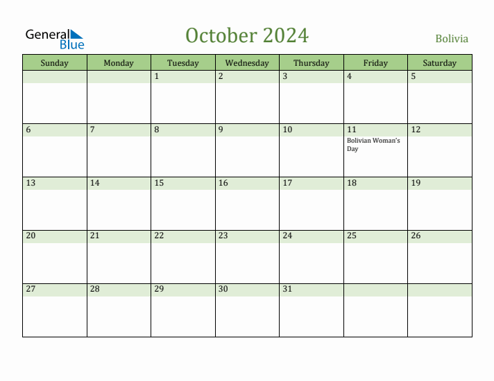 October 2024 Calendar with Bolivia Holidays