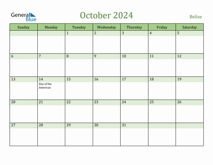 October 2024 Calendar with Belize Holidays