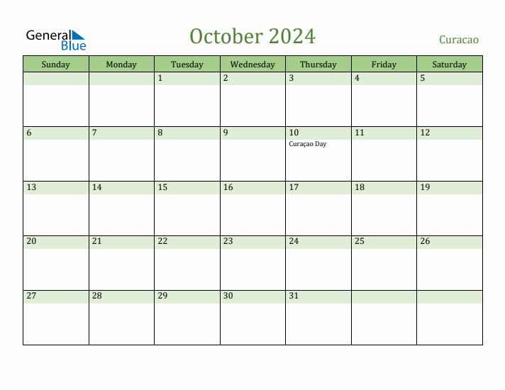 October 2024 Calendar with Curacao Holidays