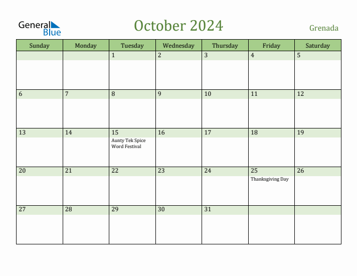 October 2024 Calendar with Grenada Holidays