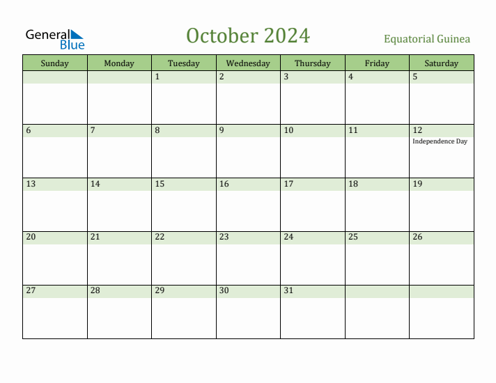 October 2024 Calendar with Equatorial Guinea Holidays