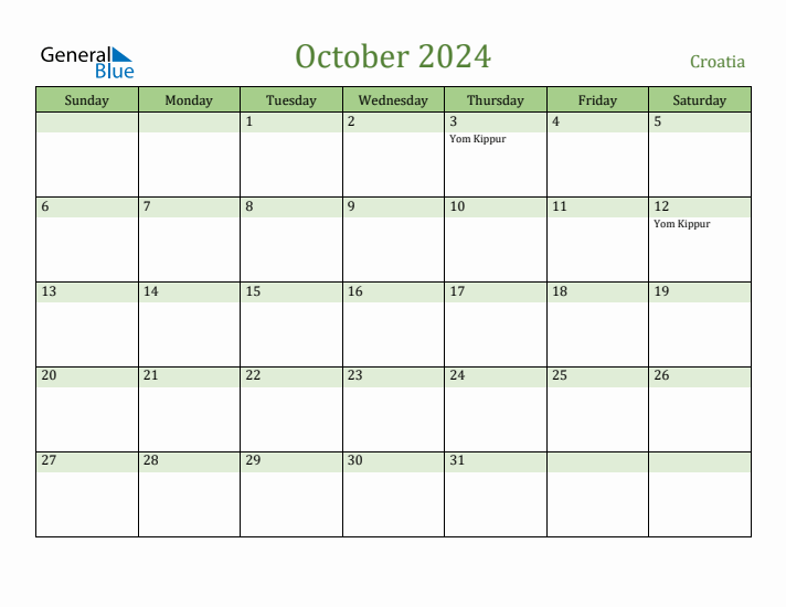 October 2024 Calendar with Croatia Holidays