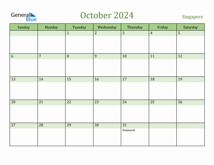 October 2024 Calendar with Singapore Holidays