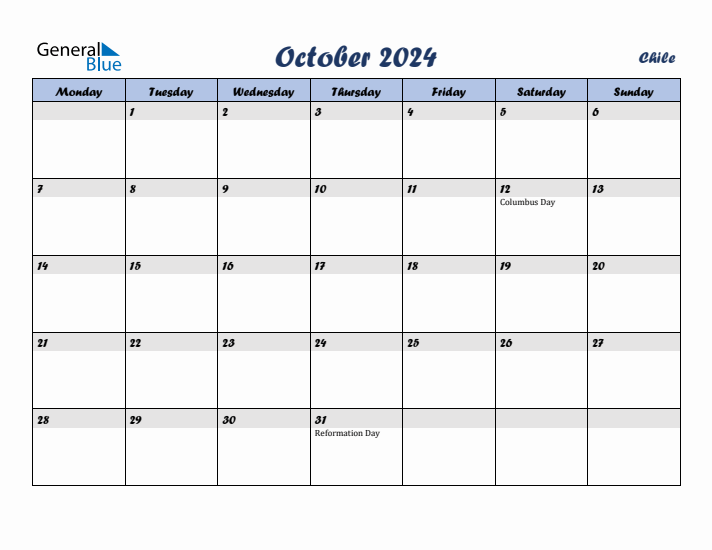 October 2024 Calendar with Holidays in Chile