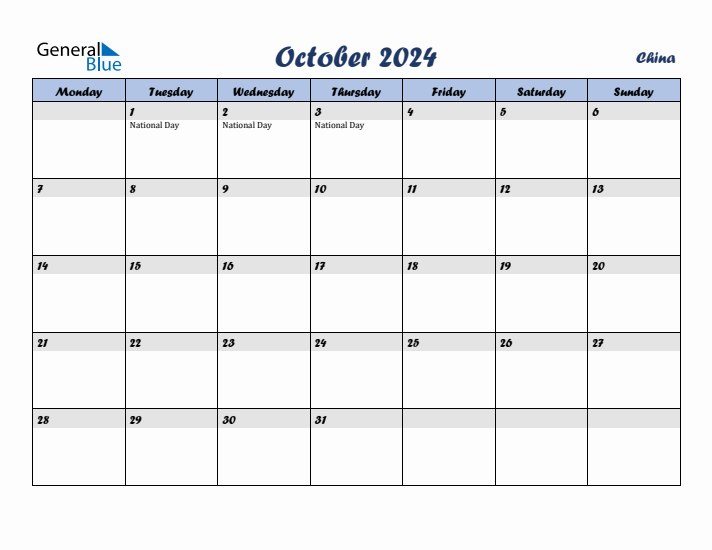 October 2024 Calendar with Holidays in China