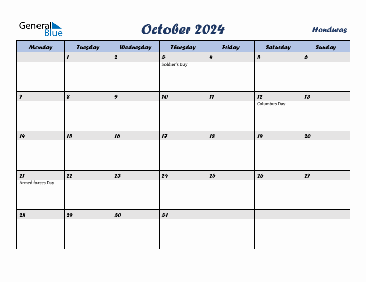 October 2024 Calendar with Holidays in Honduras