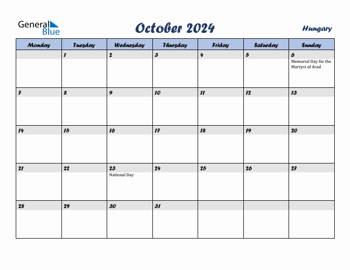 October 2024 Calendar with Holidays in Hungary