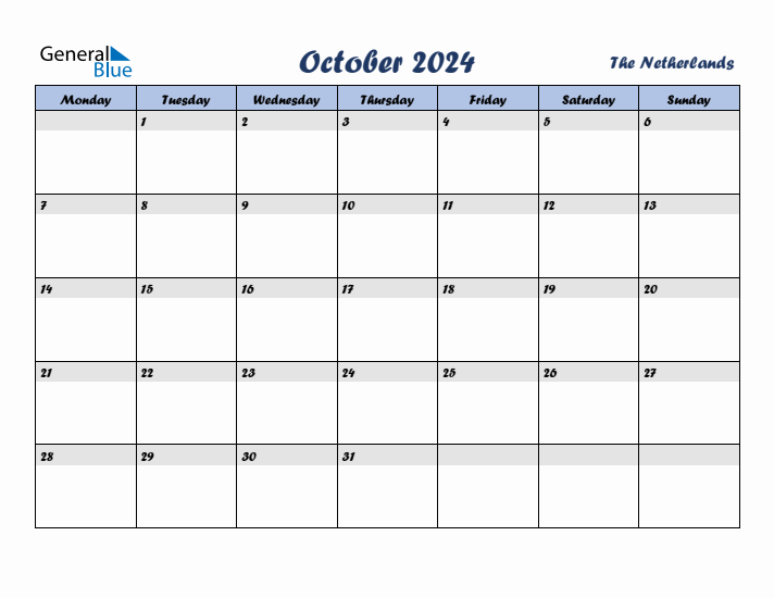 October 2024 Calendar with Holidays in The Netherlands