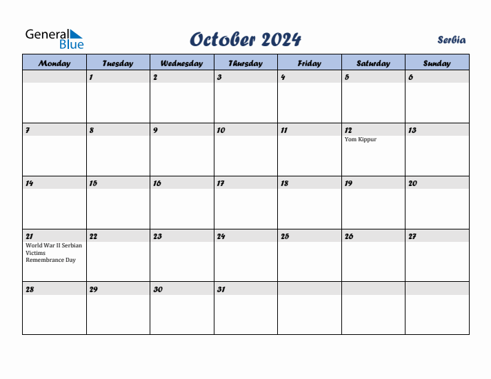 October 2024 Calendar with Holidays in Serbia