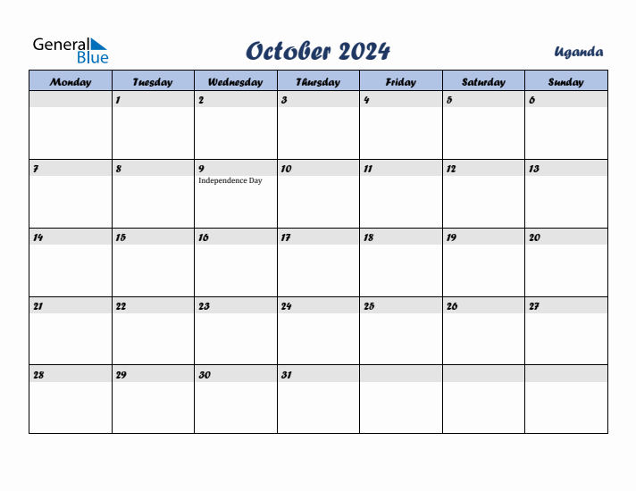 October 2024 Calendar with Holidays in Uganda