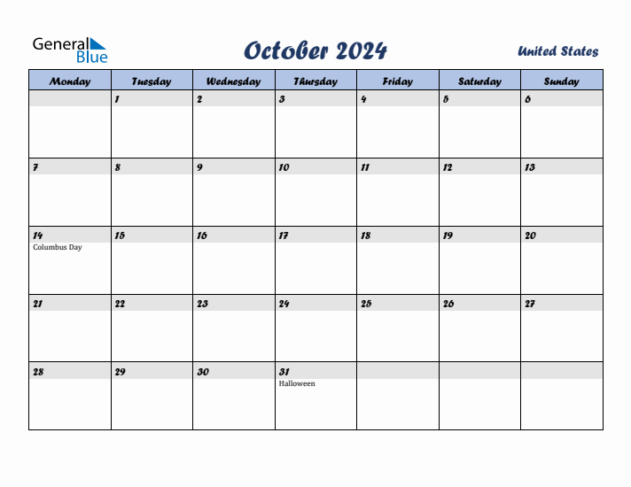 October 2024 Calendar with Holidays in United States