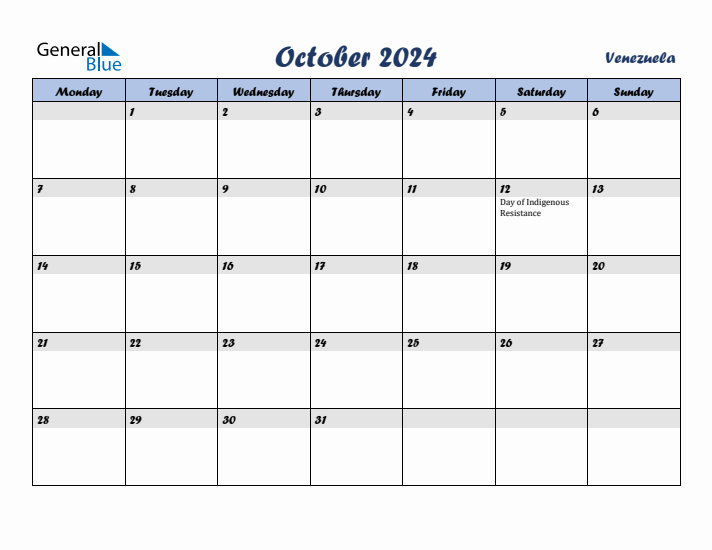 October 2024 Calendar with Holidays in Venezuela