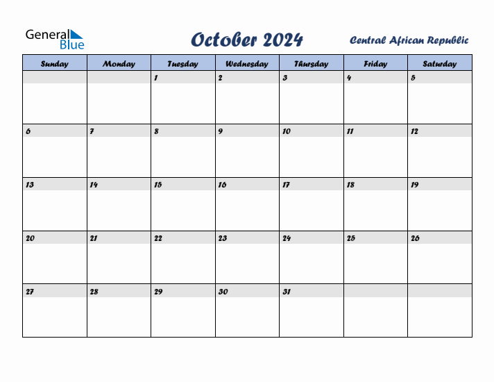 October 2024 Calendar with Holidays in Central African Republic