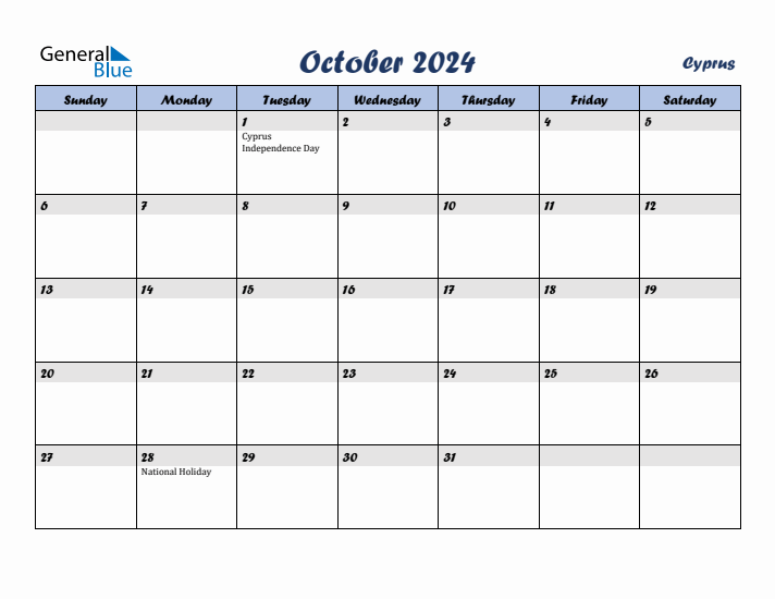 October 2024 Calendar with Holidays in Cyprus