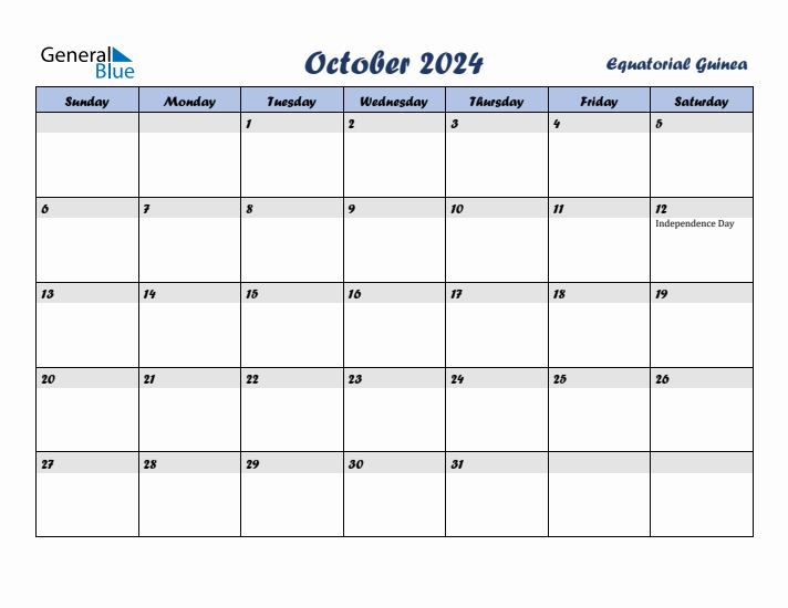 October 2024 Calendar with Holidays in Equatorial Guinea