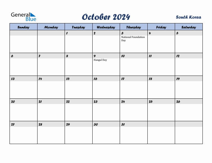 October 2024 Calendar with Holidays in South Korea