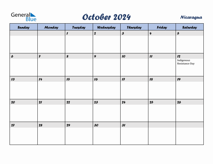 October 2024 Calendar with Holidays in Nicaragua