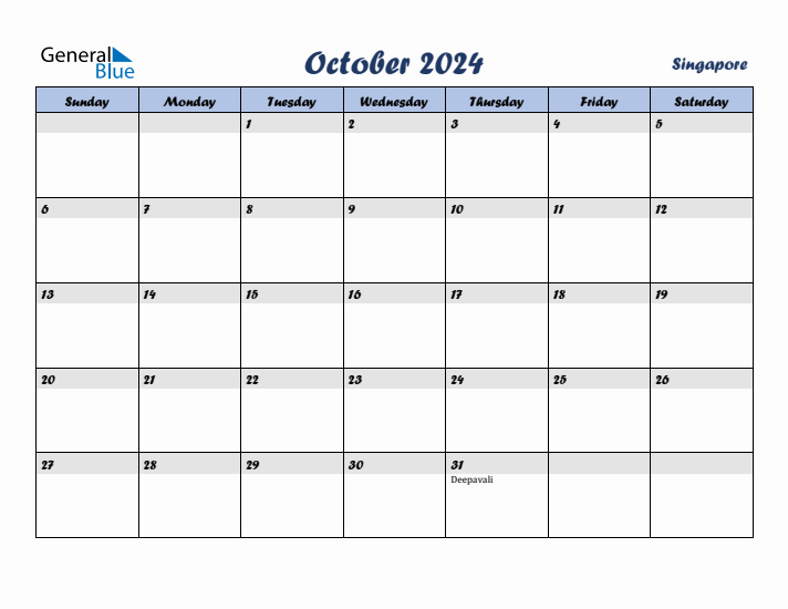 October 2024 Calendar with Holidays in Singapore