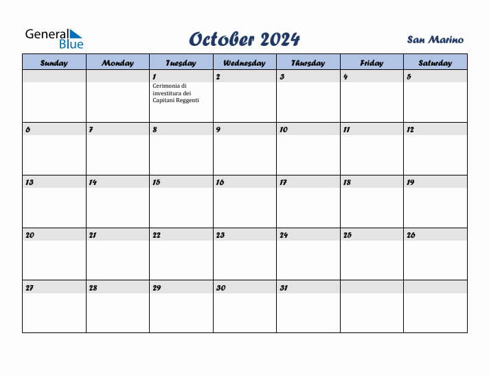 October 2024 Calendar with Holidays in San Marino