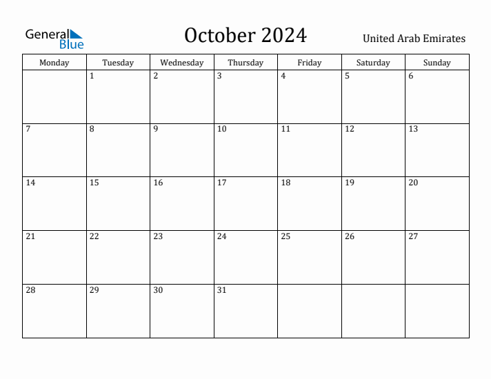 October 2024 Calendar United Arab Emirates