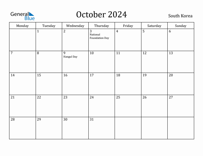 October 2024 Calendar South Korea