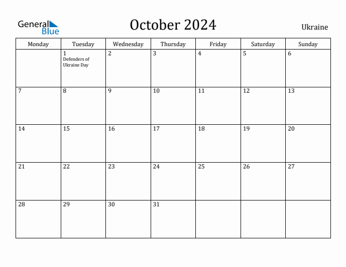 October 2024 Calendar Ukraine