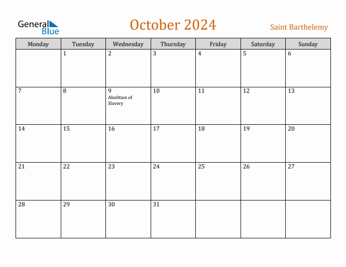 October 2024 Holiday Calendar with Monday Start