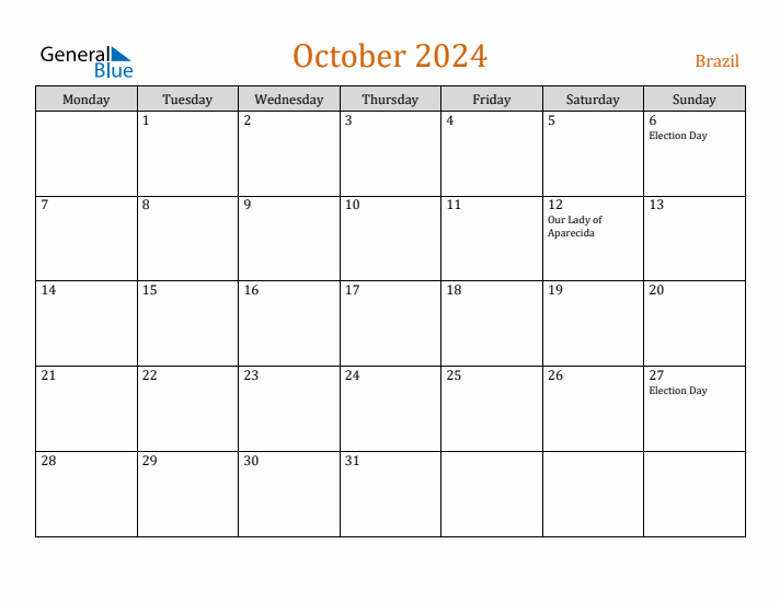 October 2024 Holiday Calendar with Monday Start