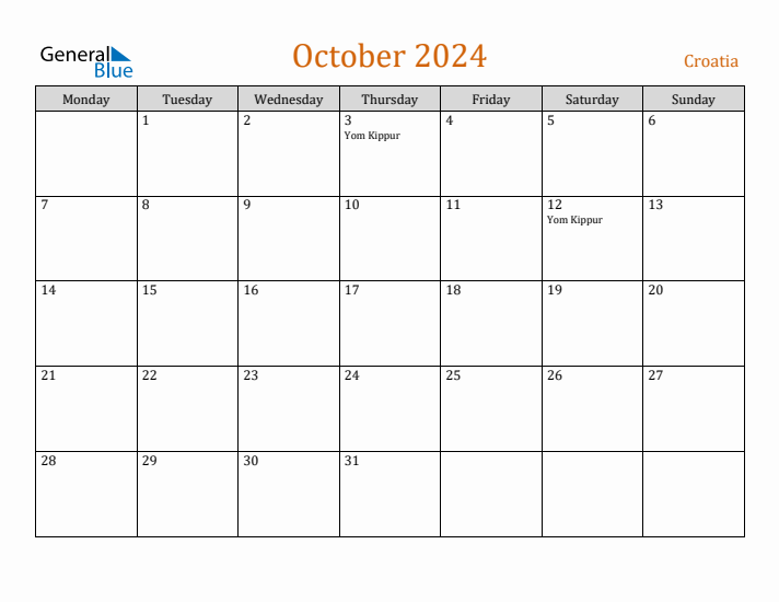 October 2024 Holiday Calendar with Monday Start